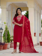 Sonakshi Women's Maroon Premium Roman Silk Coding Embroidered Work Kurta Set With Dupatta | Grocsy