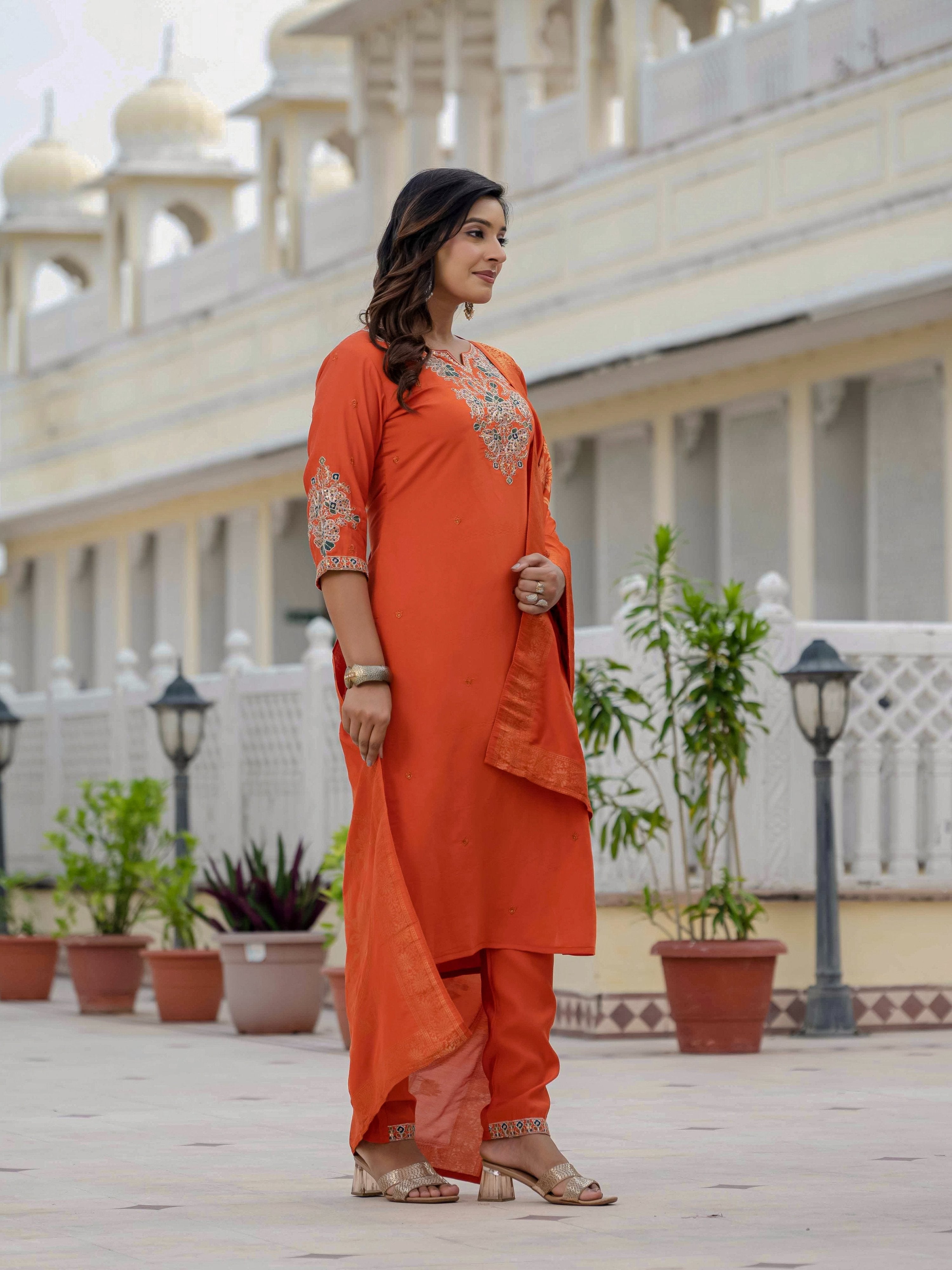 Sonakshi Women's Orange Premium Roman Silk Coding Embroidered Work Kurta Set With Dupatta | Grocsy