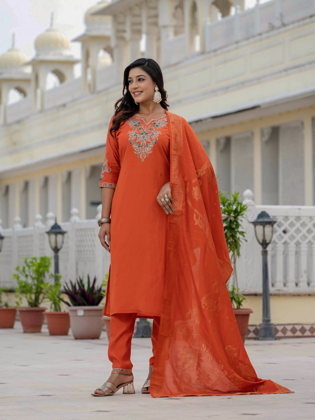 Sonakshi Women's Orange Premium Roman Silk Coding Embroidered Work Kurta Set With Dupatta | Grocsy