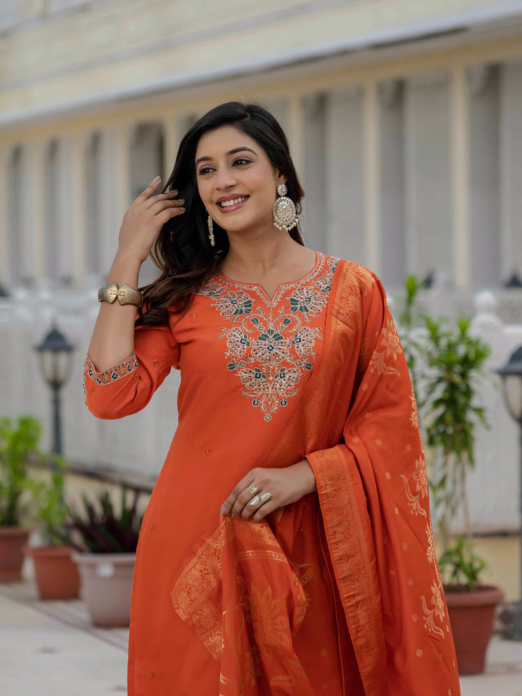 Sonakshi Women's Orange Premium Roman Silk Coding Embroidered Work Kurta Set With Dupatta | Grocsy