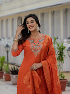 Sonakshi Women's Orange Premium Roman Silk Coding Embroidered Work Kurta Set With Dupatta | Grocsy