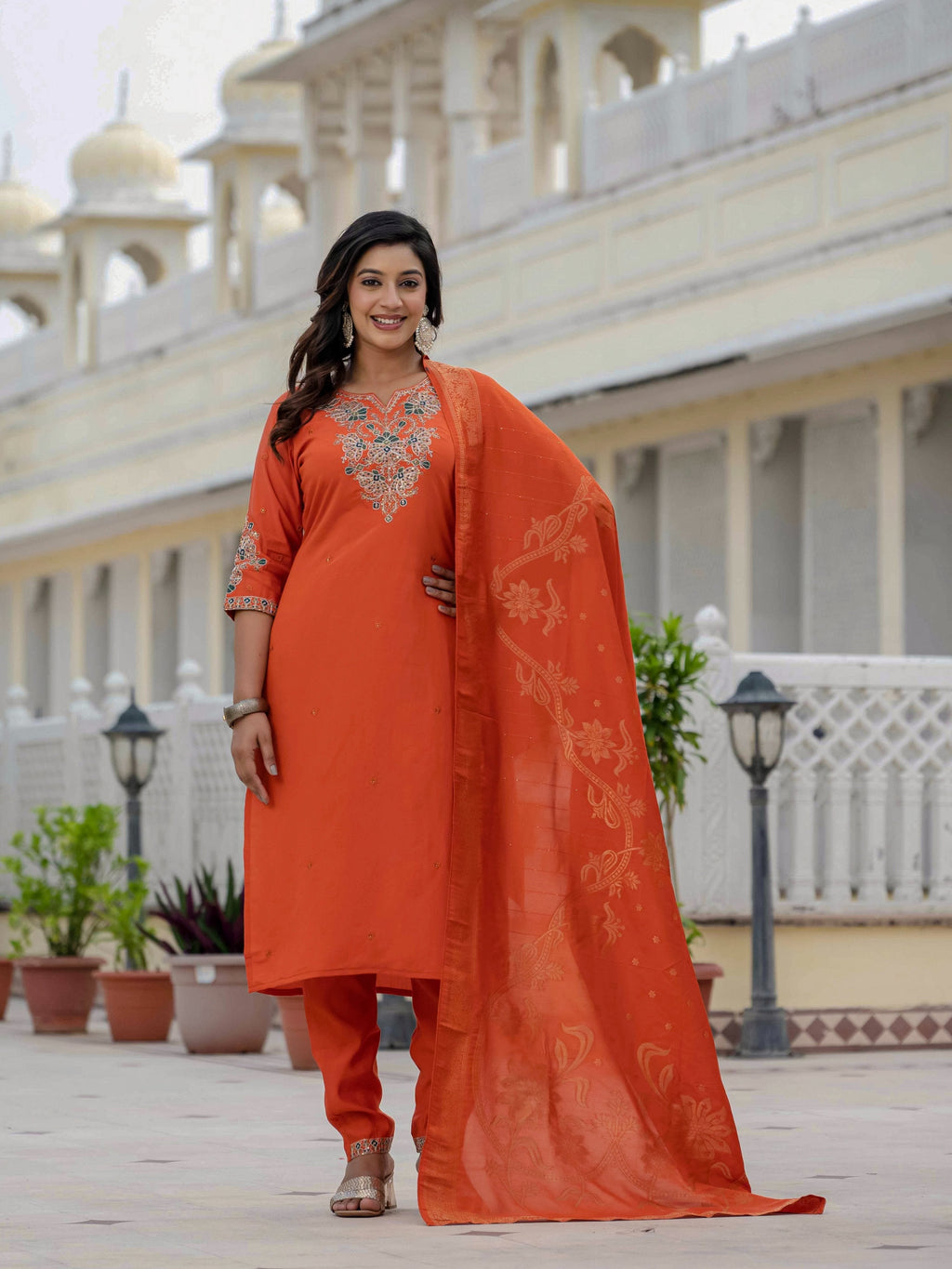 Sonakshi Women's Orange Premium Roman Silk Coding Embroidered Work Kurta Set With Dupatta | Grocsy