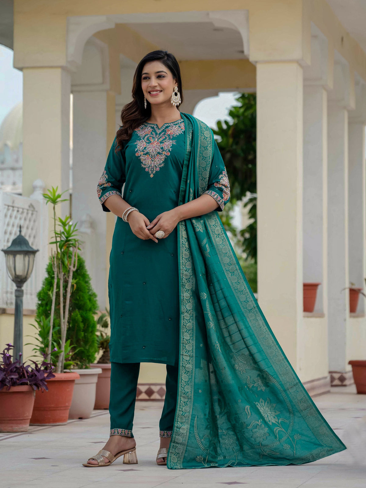 Sonakshi Women's Rama Premium Roman Silk Coding Embroidered Work Kurta Set With Dupatta | Grocsy