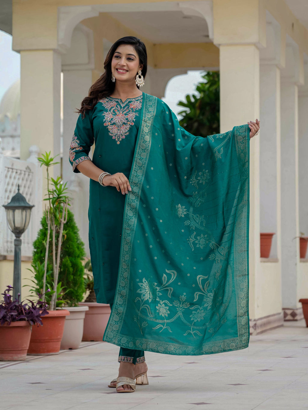 Sonakshi Women's Rama Premium Roman Silk Coding Embroidered Work Kurta Set With Dupatta | Grocsy