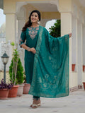 Sonakshi Women's Rama Premium Roman Silk Coding Embroidered Work Kurta Set With Dupatta | Grocsy