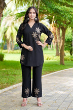 Sonakshi Women's Black Rayon Embroidered Straight Top & Bottom Set | Grocsy