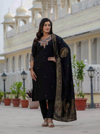 Sonakshi Women's Black Premium Roman Silk Coding Embroidered Work Kurta Set With Dupatta | Grocsy