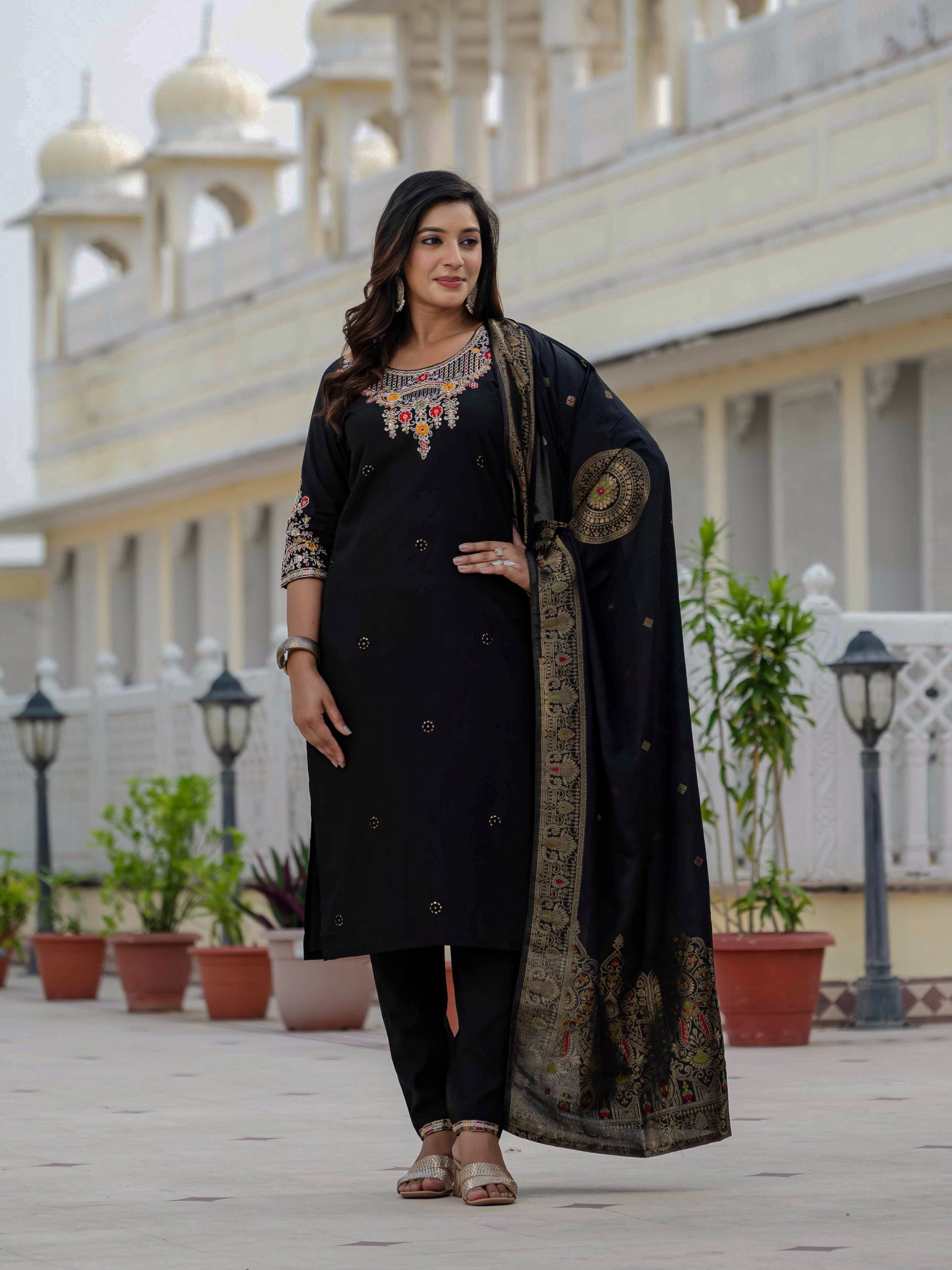 Sonakshi Women's Black Premium Roman Silk Coding Embroidered Work Kurta Set With Dupatta | Grocsy