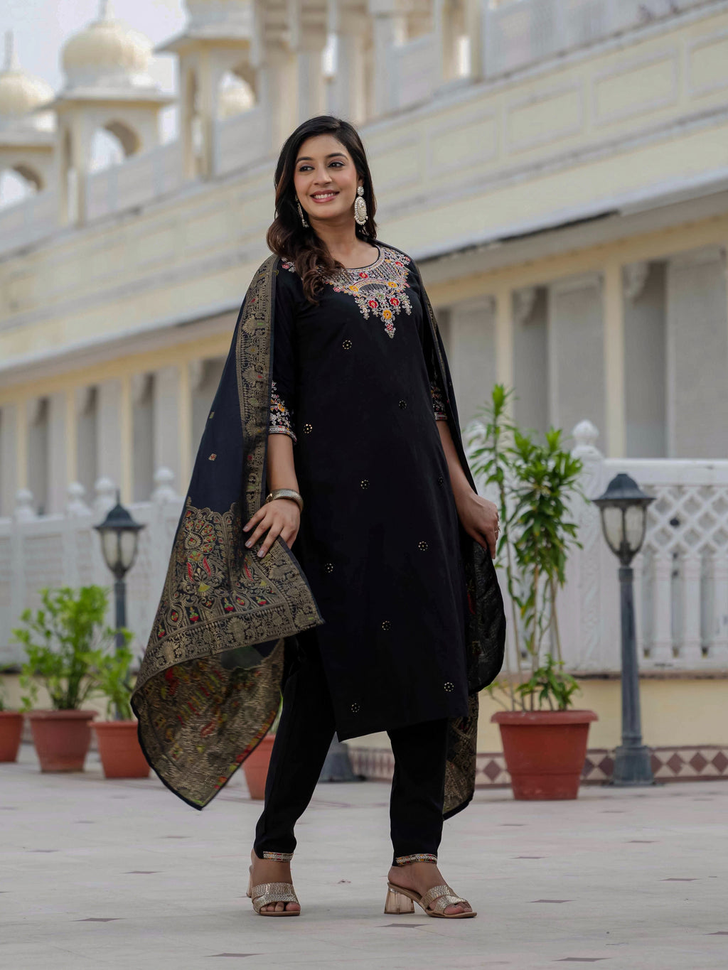 Sonakshi Women's Black Premium Roman Silk Coding Embroidered Work Kurta Set With Dupatta | Grocsy