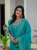 Sonakshi Women's Teal Premium Roman Silk Coding Embroidered Work Kurta Set With Dupatta | Grocsy