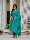 Sonakshi Women's Teal Premium Roman Silk Coding Embroidered Work Kurta Set With Dupatta | Grocsy