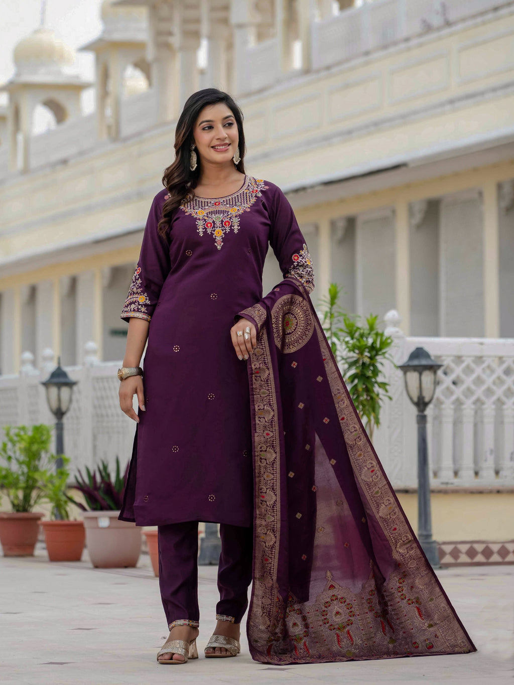Sonakshi Women's Wine Premium Roman Silk Coding Embroidered Work Kurta Set With Dupatta | Grocsy