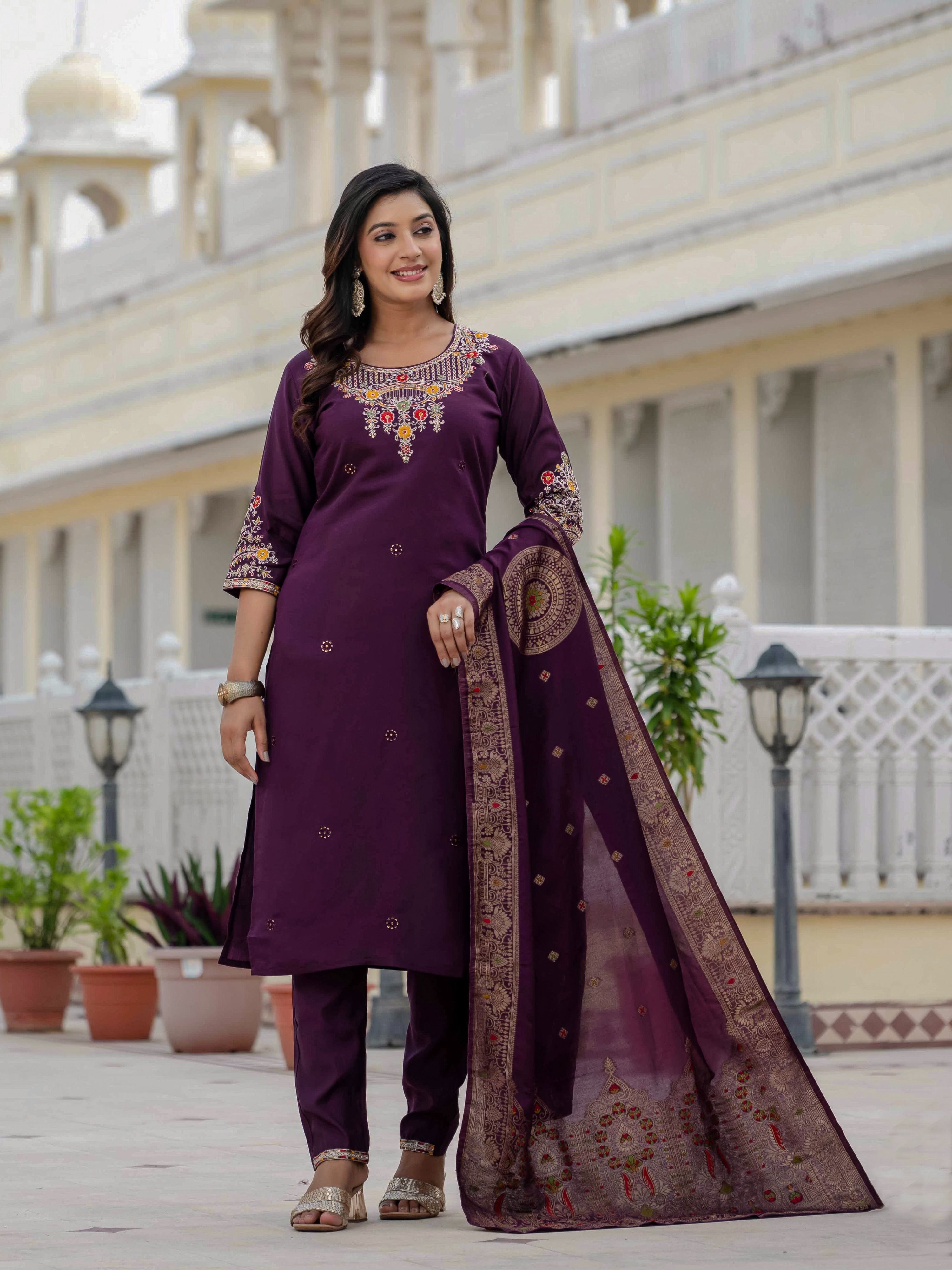 Sonakshi Women's Wine Premium Roman Silk Coding Embroidered Work Kurta Set With Dupatta | Grocsy