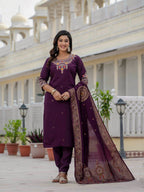 Sonakshi Women's Wine Premium Roman Silk Coding Embroidered Work Kurta Set With Dupatta | Grocsy