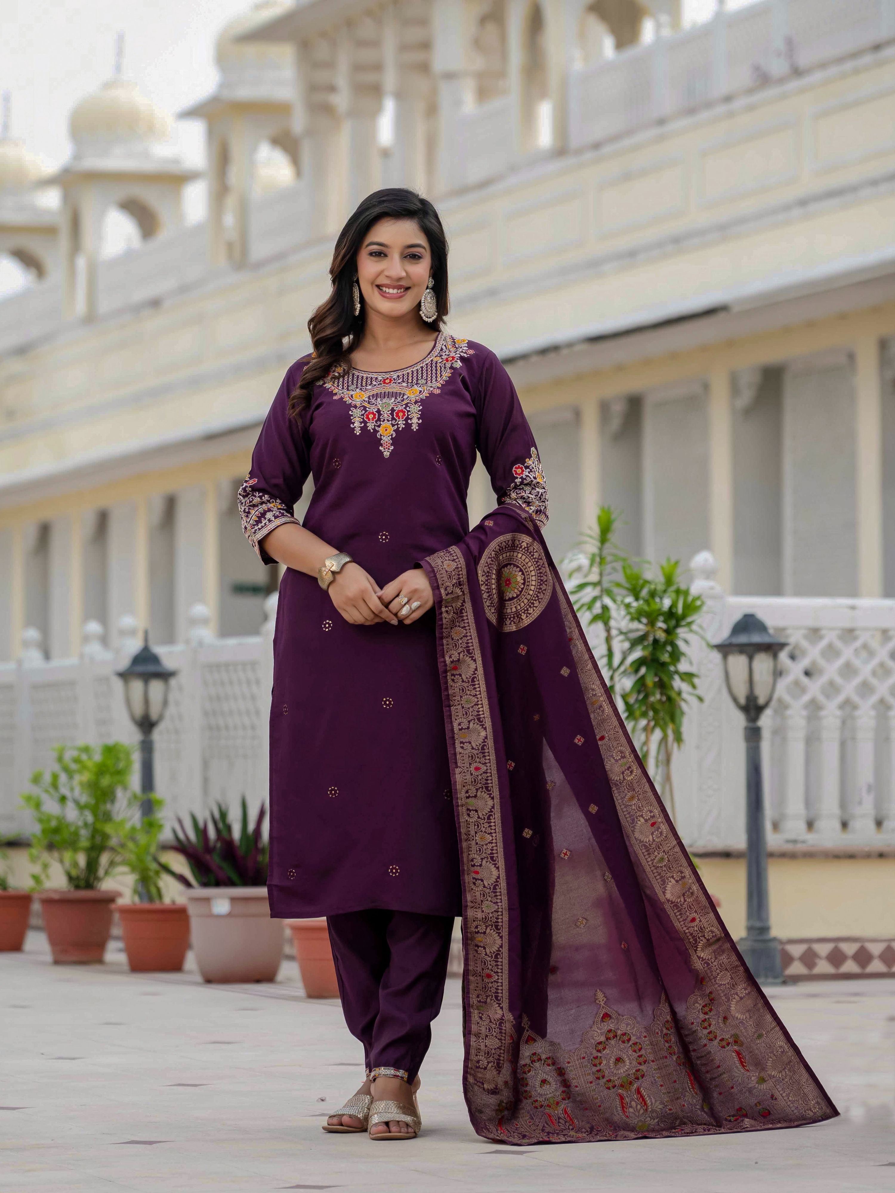 Sonakshi Women's Wine Premium Roman Silk Coding Embroidered Work Kurta Set With Dupatta | Grocsy