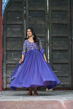 Sonakshi Women's Blue Faux Blooming With Sequins Multithreaded Beads Embroidered Anarkali Gown Set With Dupatta | Grocsy
