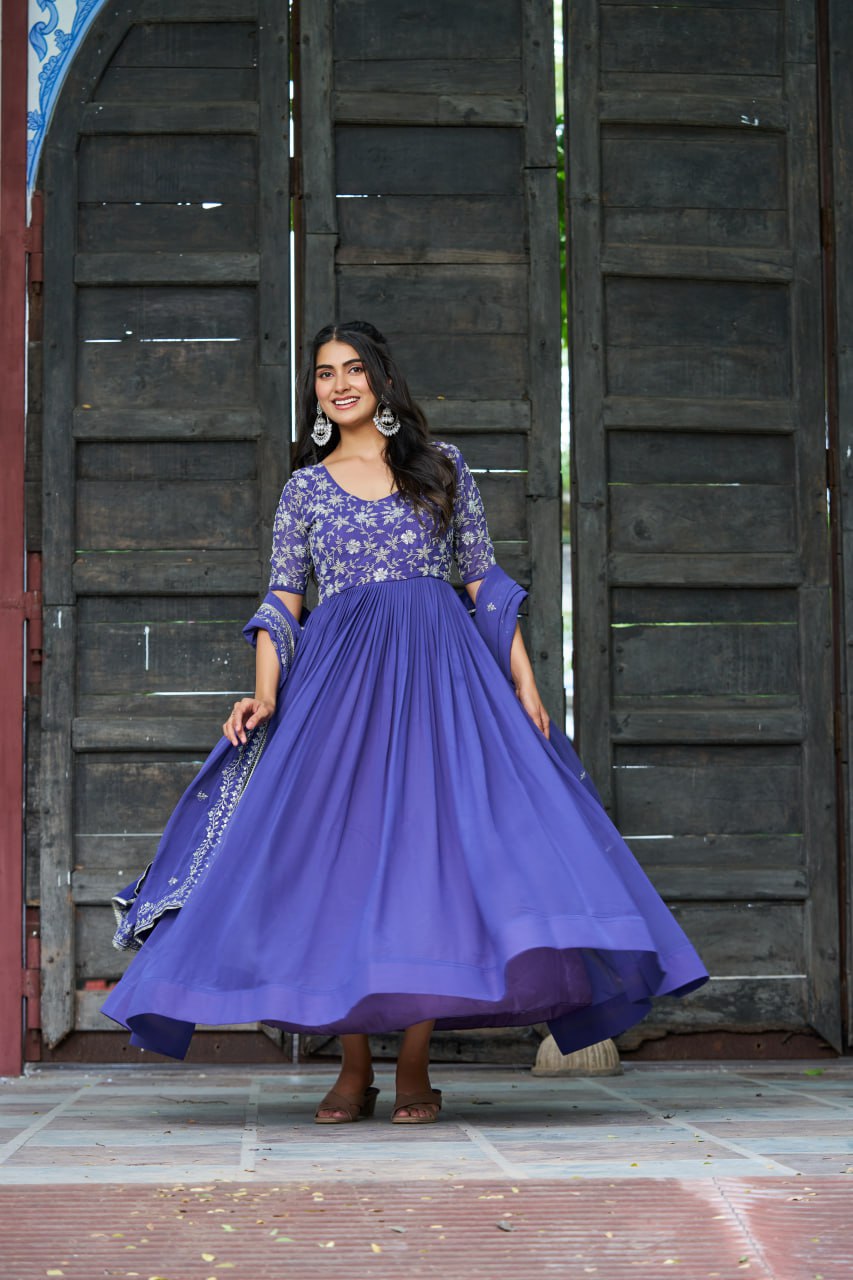 Sonakshi Women's Blue Faux Blooming With Sequins Multithreaded Beads Embroidered Anarkali Gown Set With Dupatta | Grocsy