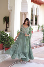 Sonakshi Women's Pista Faux Blooming With Sequins Multi Thread Beads Embroidered Work Anarkali Gown Set With Dupatta | Grocsy