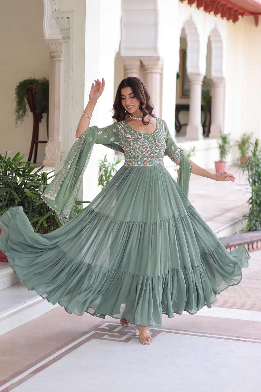 Sonakshi Women's Pista Faux Blooming With Sequins Multi Thread Beads Embroidered Work Anarkali Gown Set With Dupatta | Grocsy