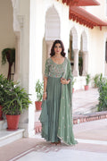 Sonakshi Women's Pista Faux Blooming With Sequins Multi Thread Beads Embroidered Work Anarkali Gown Set With Dupatta | Grocsy