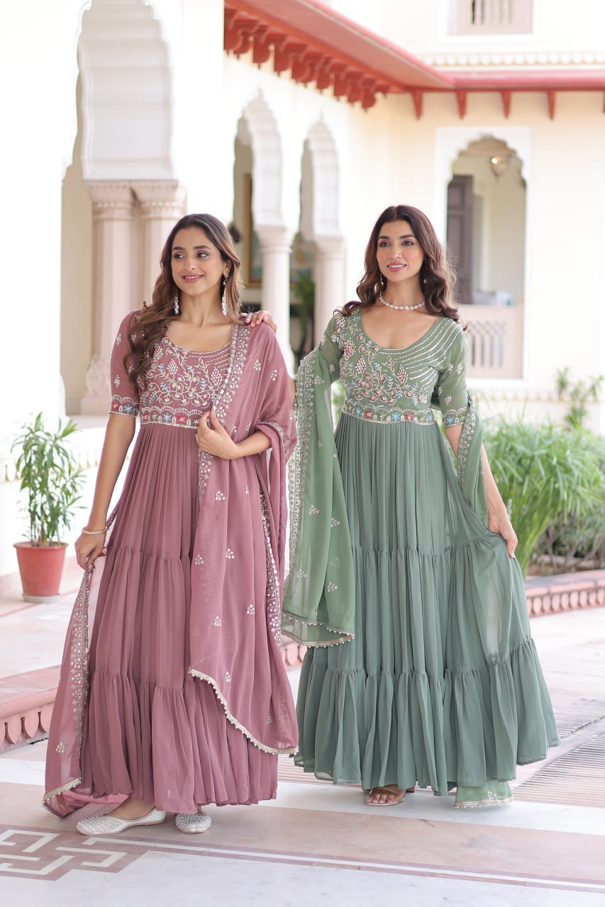 Sonakshi Women's Onion & Pista Faux Blooming With Sequins Multi Thread Beads Embroidered Work Anarkali Gown Set With Dupatta | Grocsy