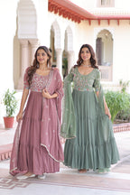 Sonakshi Women's Onion & Pista Faux Blooming With Sequins Multi Thread Beads Embroidered Work Anarkali Gown Set With Dupatta | Grocsy