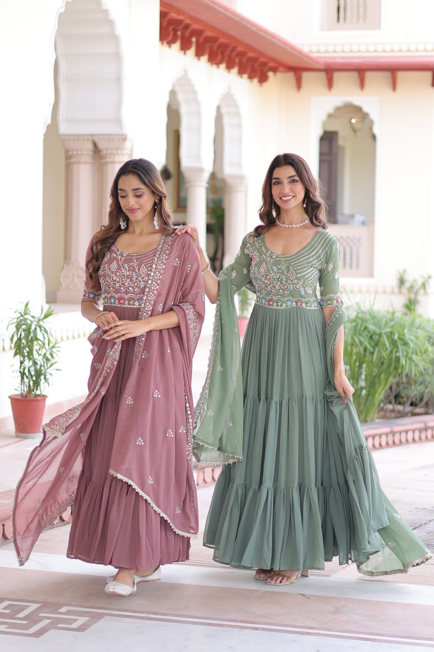 Sonakshi Women's Onion & Pista Faux Blooming With Sequins Multi Thread Beads Embroidered Work Anarkali Gown Set With Dupatta | Grocsy