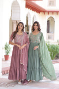 Sonakshi Women's Onion & Pista Faux Blooming With Sequins Multi Thread Beads Embroidered Work Anarkali Gown Set With Dupatta | Grocsy