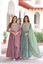 Sonakshi Women's Onion & Pista Faux Blooming With Sequins Multi Thread Beads Embroidered Work Anarkali Gown Set With Dupatta | Grocsy