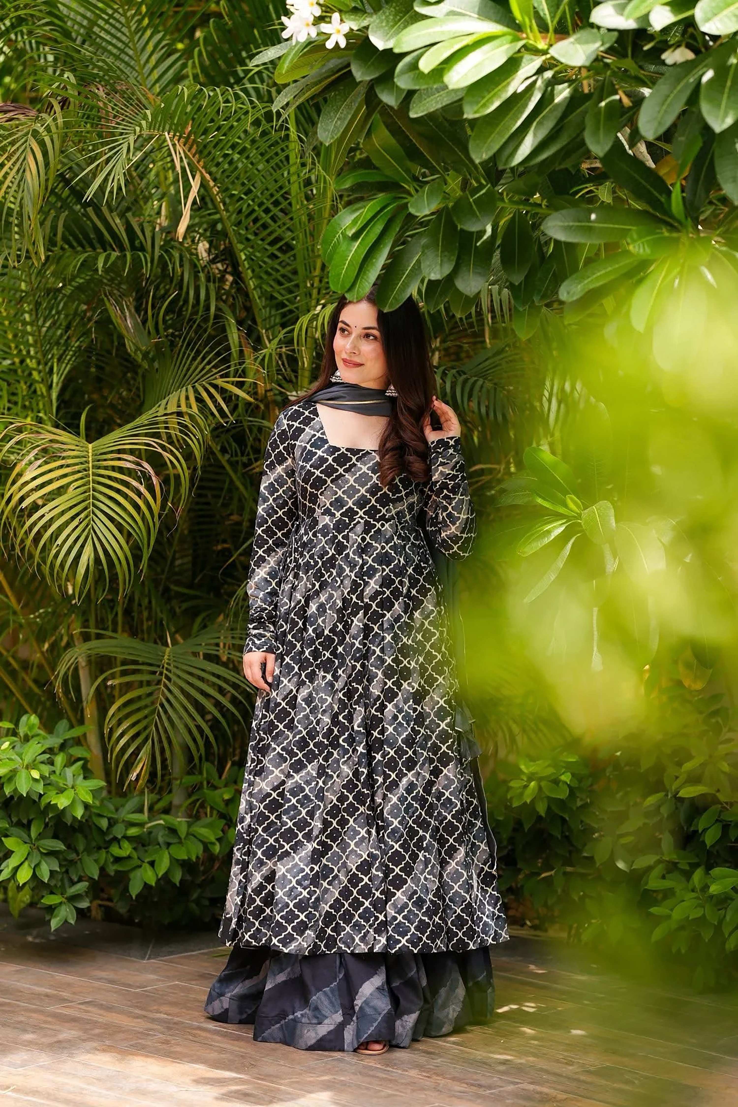 Sonakshi Women's Black Masleen With Heavy Digital Printed Anarkali Gown Set With Dupatta | Grocsy