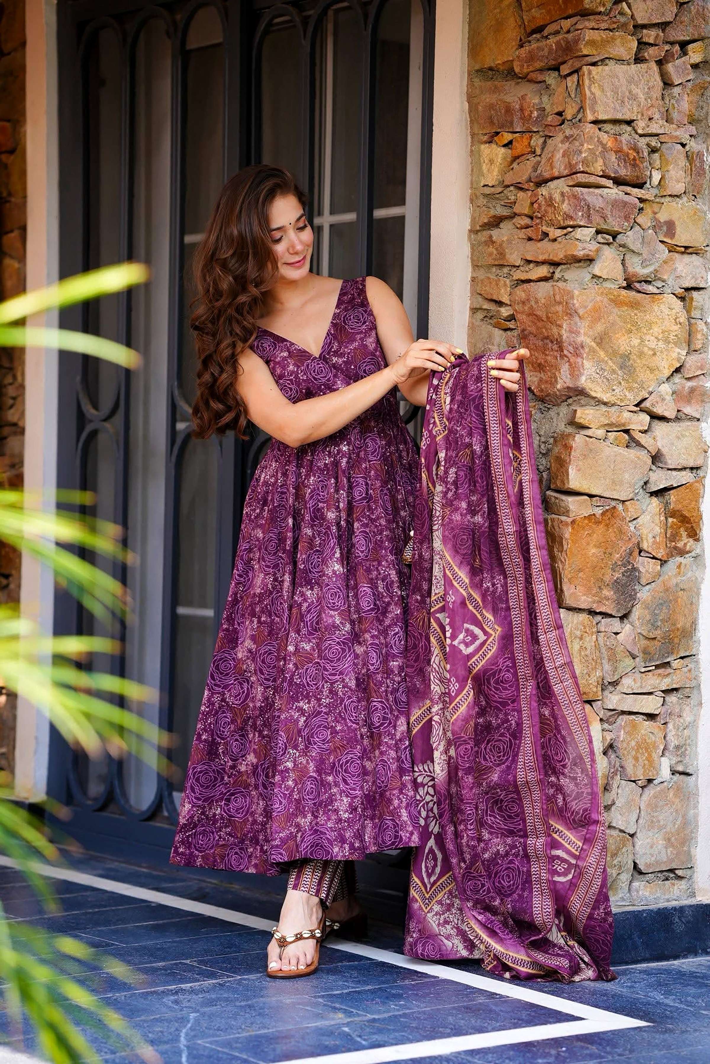 Sonakshi Women's Purple Masleen With Heavy Digital Printed Anarkali Gown Set With Dupatta | Grocsy
