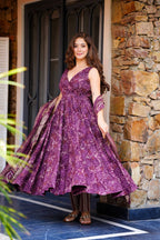 Sonakshi Women's Purple Masleen With Heavy Digital Printed Anarkali Gown Set With Dupatta | Grocsy