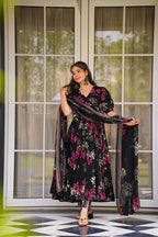 Sonakshi Women's Black Masleen With Heavy Digital Printed Anarkali Gown Set With Dupatta | Grocsy