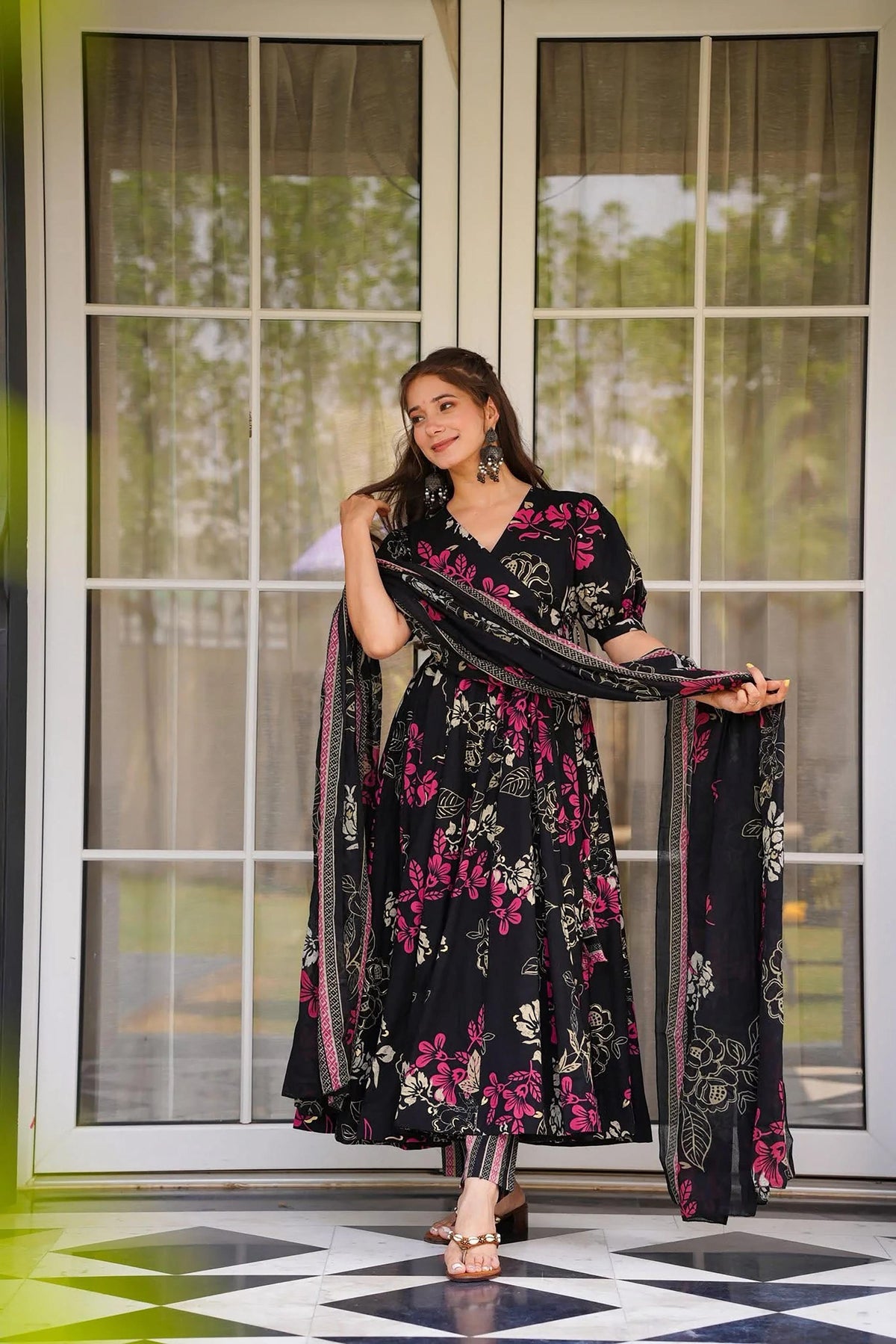 Sonakshi Women's Black Masleen With Heavy Digital Printed Anarkali Gown Set With Dupatta | Grocsy