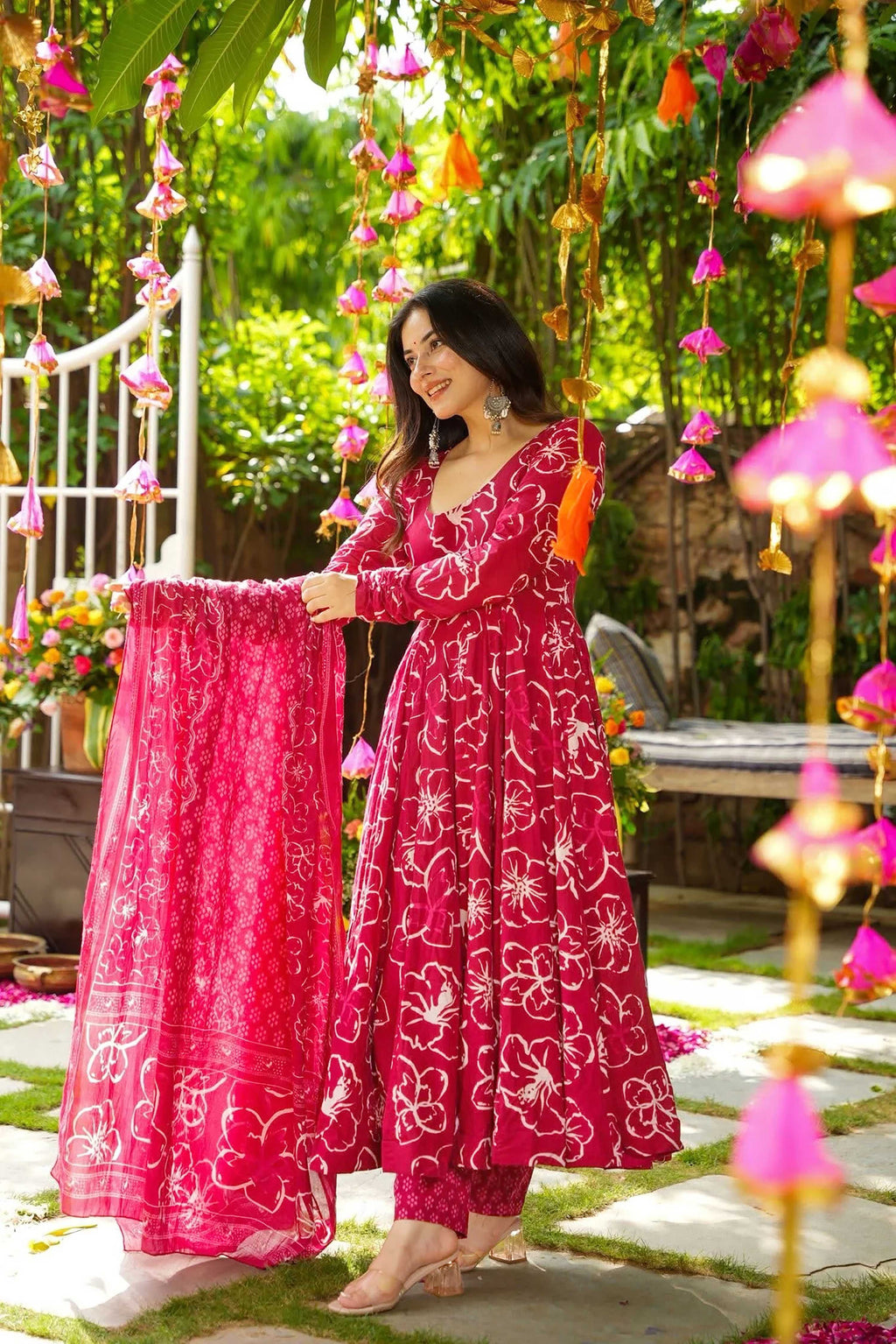 Sonakshi Women's Pink Masleen With Heavy Digital Printed Anarkali Gown Set With Dupatta | Grocsy