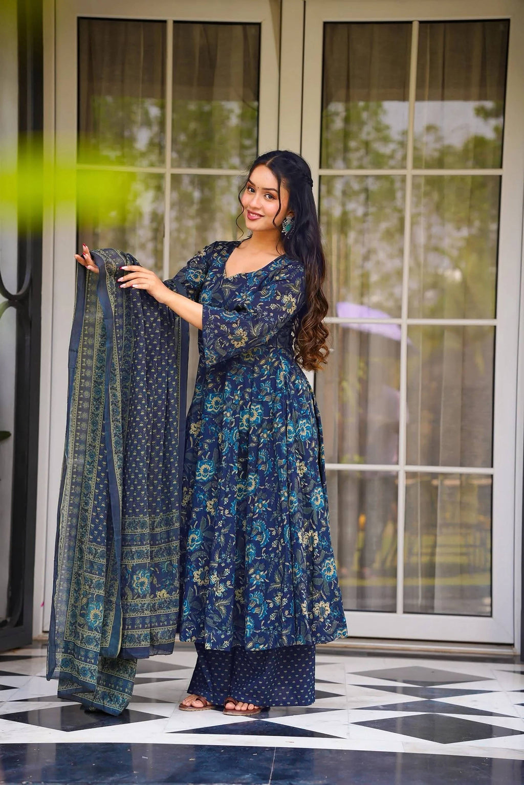 Sonakshi Women's Navy Masleen With Heavy Digital Printed Anarkali Gown Set With Dupatta | Grocsy