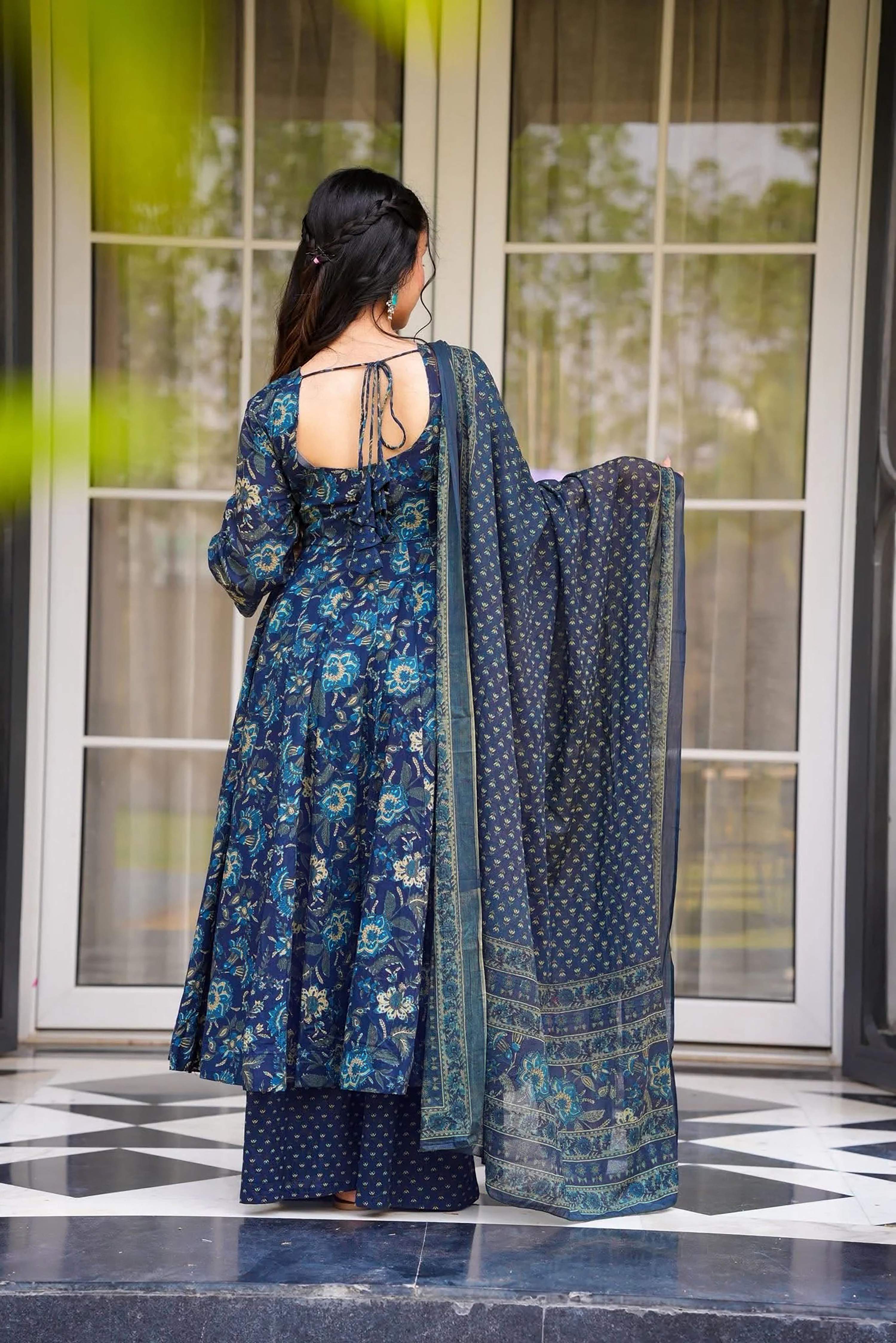 Sonakshi Women's Navy Masleen With Heavy Digital Printed Anarkali Gown Set With Dupatta | Grocsy