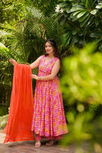 Sonakshi Women's Pink Masleen With Heavy Digital Printed Anarkali Gown Set With Dupatta | Grocsy