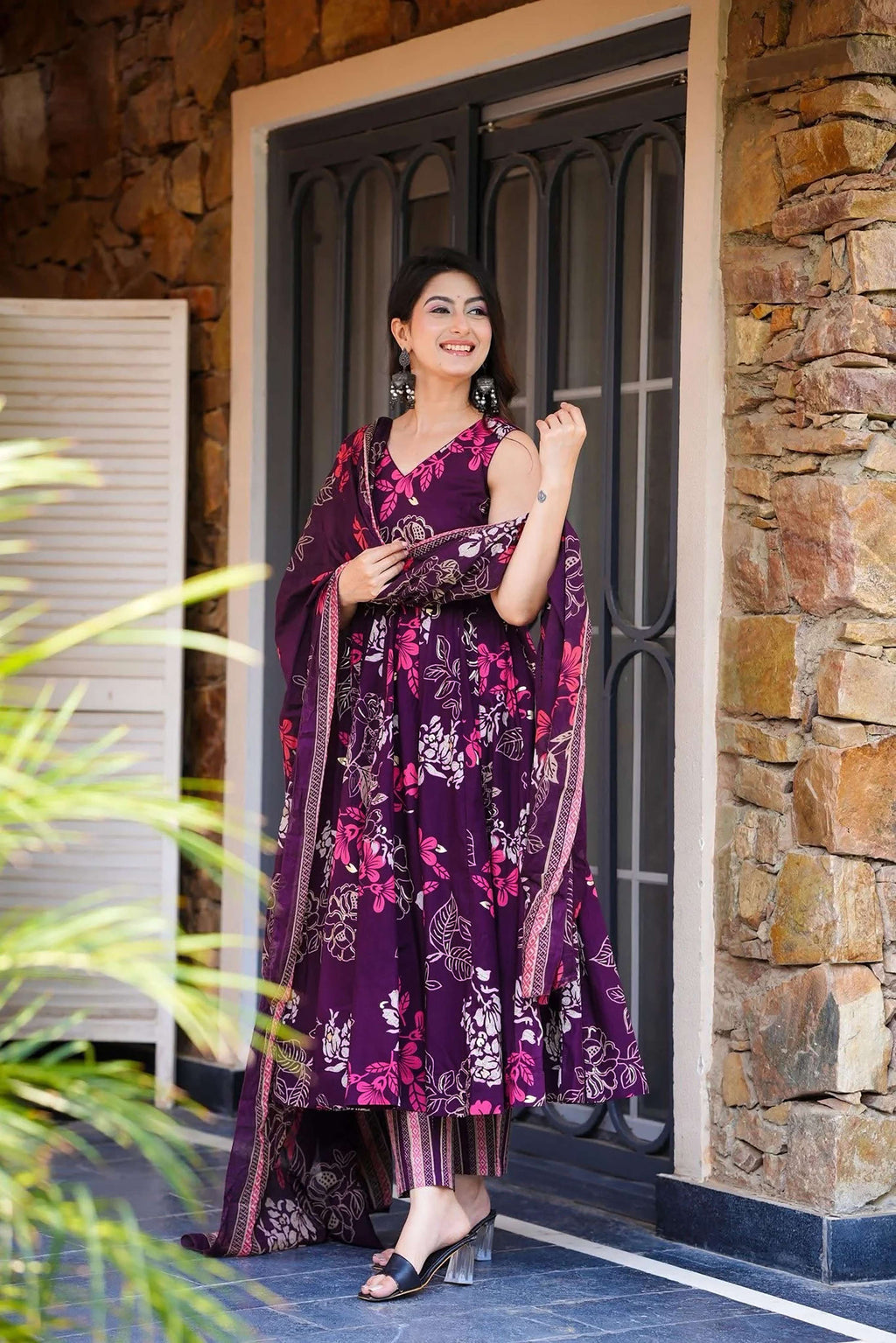 Sonakshi Women's Purple Masleen With Heavy Digital Printed Anarkali Gown Set With Dupatta | Grocsy