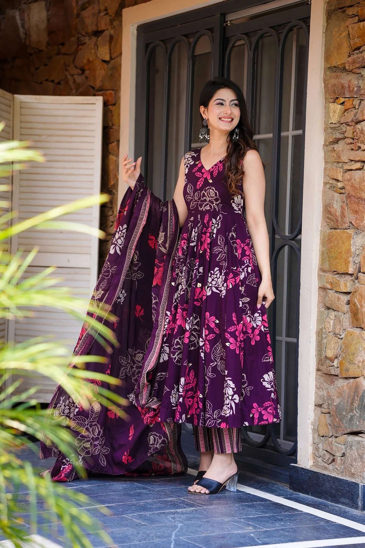 Sonakshi Women's Purple Masleen With Heavy Digital Printed Anarkali Gown Set With Dupatta | Grocsy
