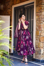 Sonakshi Women's Purple Masleen With Heavy Digital Printed Anarkali Gown Set With Dupatta | Grocsy