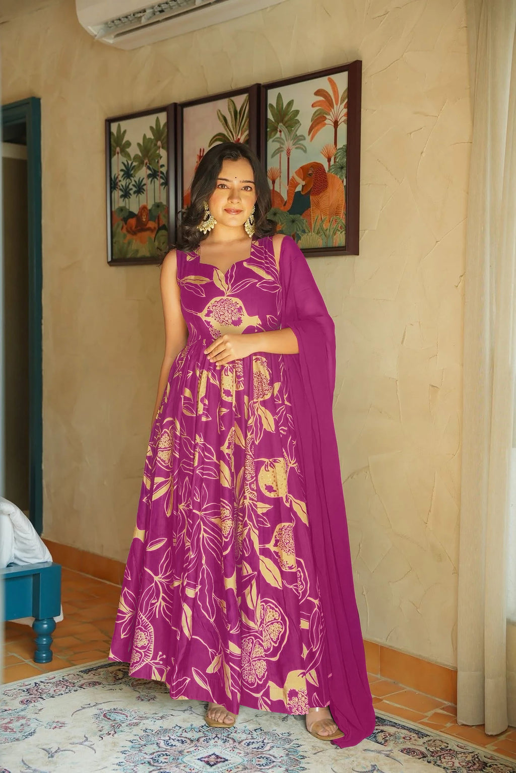 Sonakshi Women's Purple Heavy Rayon With Heavy Digital Printed Anarkali Gown Set With Dupatta | Grocsy