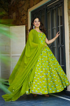 Sonakshi Women's Parrot Heavy Rayon With Heavy Digital Printed Anarkali Gown Set With Dupatta | Grocsy