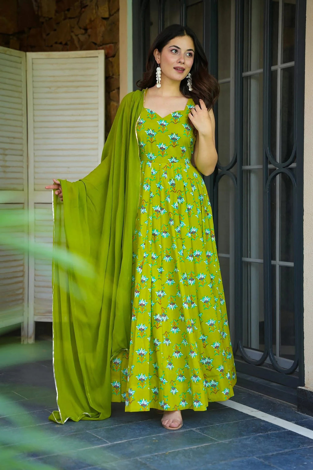 Sonakshi Women's Parrot Heavy Rayon With Heavy Digital Printed Anarkali Gown Set With Dupatta | Grocsy