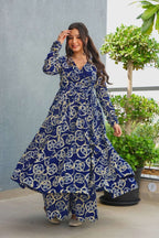 Sonakshi Women's Blue Heavy Rayon With Heavy Digital Printed Anarkali Gown Set | Grocsy