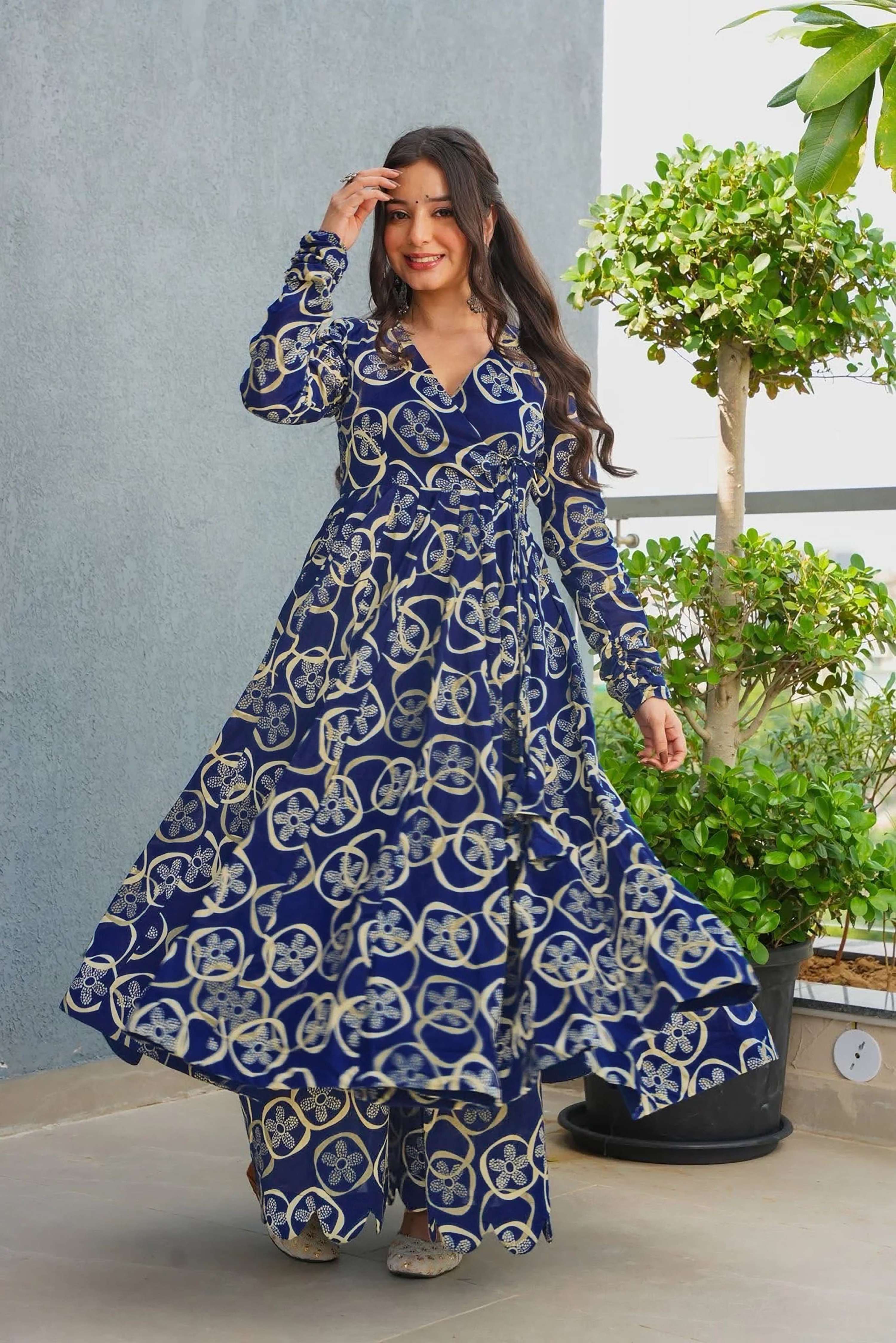 Sonakshi Women's Blue Heavy Rayon With Heavy Digital Printed Anarkali Gown Set | Grocsy