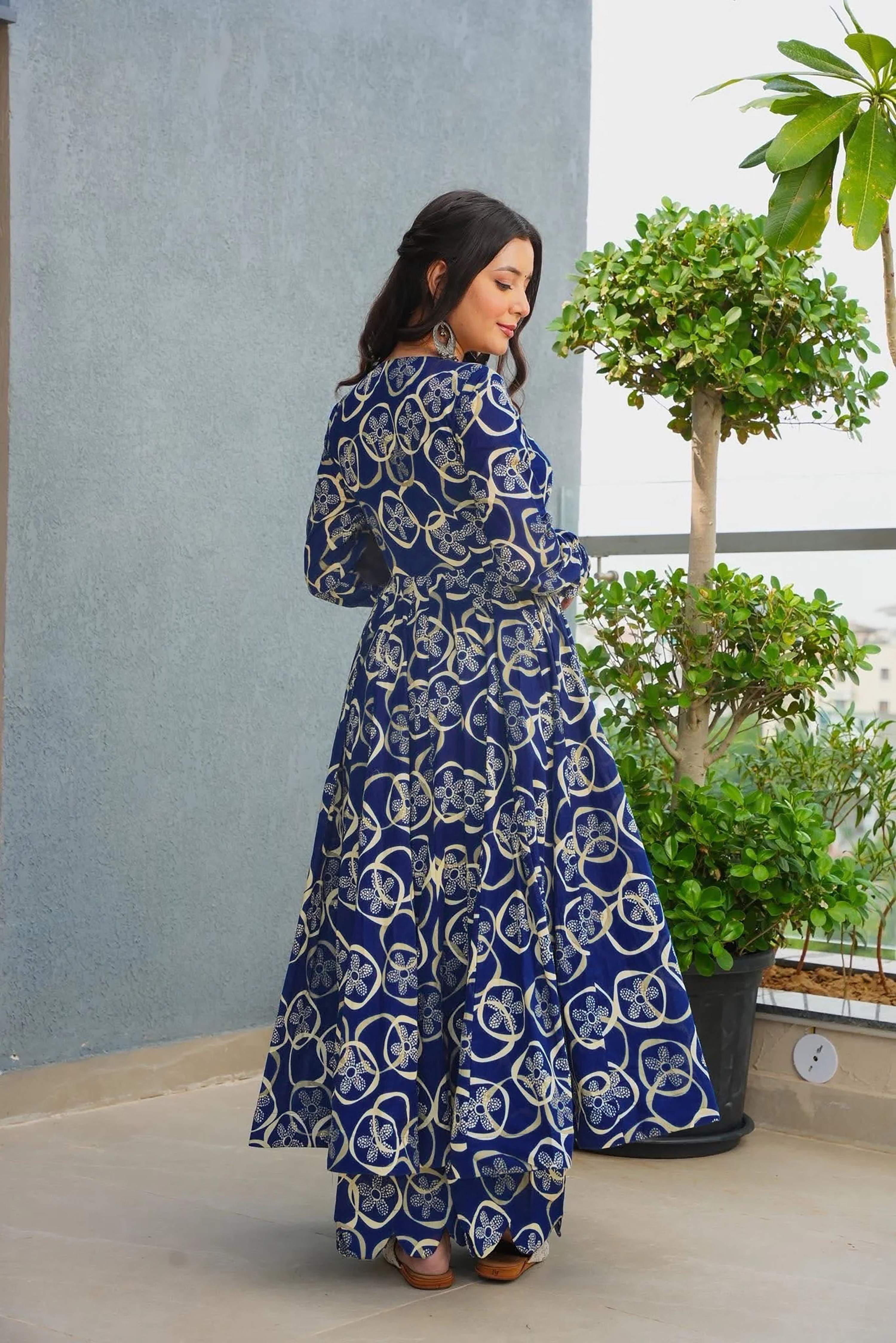 Sonakshi Women's Blue Heavy Rayon With Heavy Digital Printed Anarkali Gown Set | Grocsy