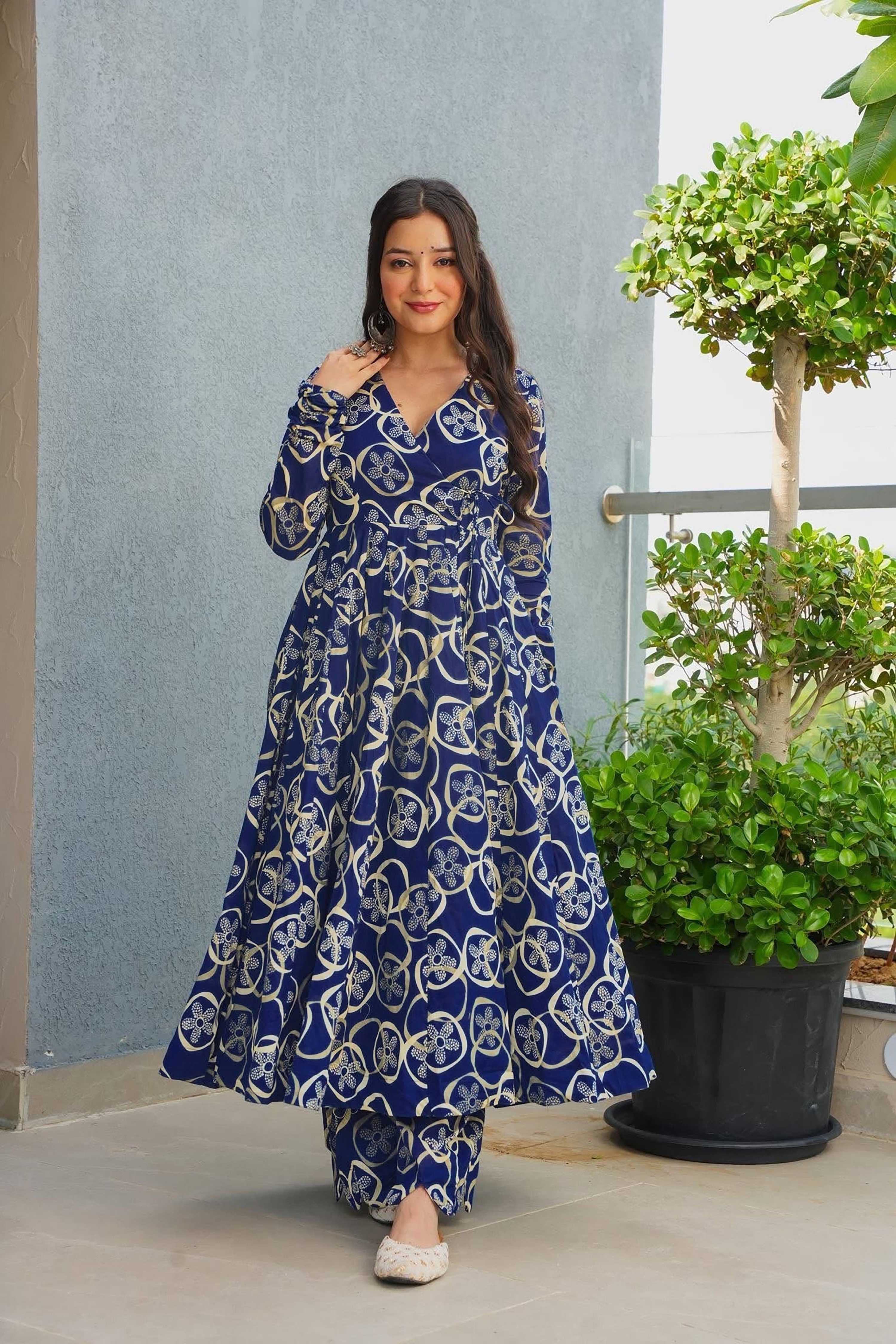Sonakshi Women's Blue Heavy Rayon With Heavy Digital Printed Anarkali Gown Set | Grocsy