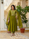 Sonakshi Women's Mehendi Viscose Roman Silk With Multi Thread Embroidered With Mirror Hand Work Anarkali Gown Set With Dupatta | Grocsy