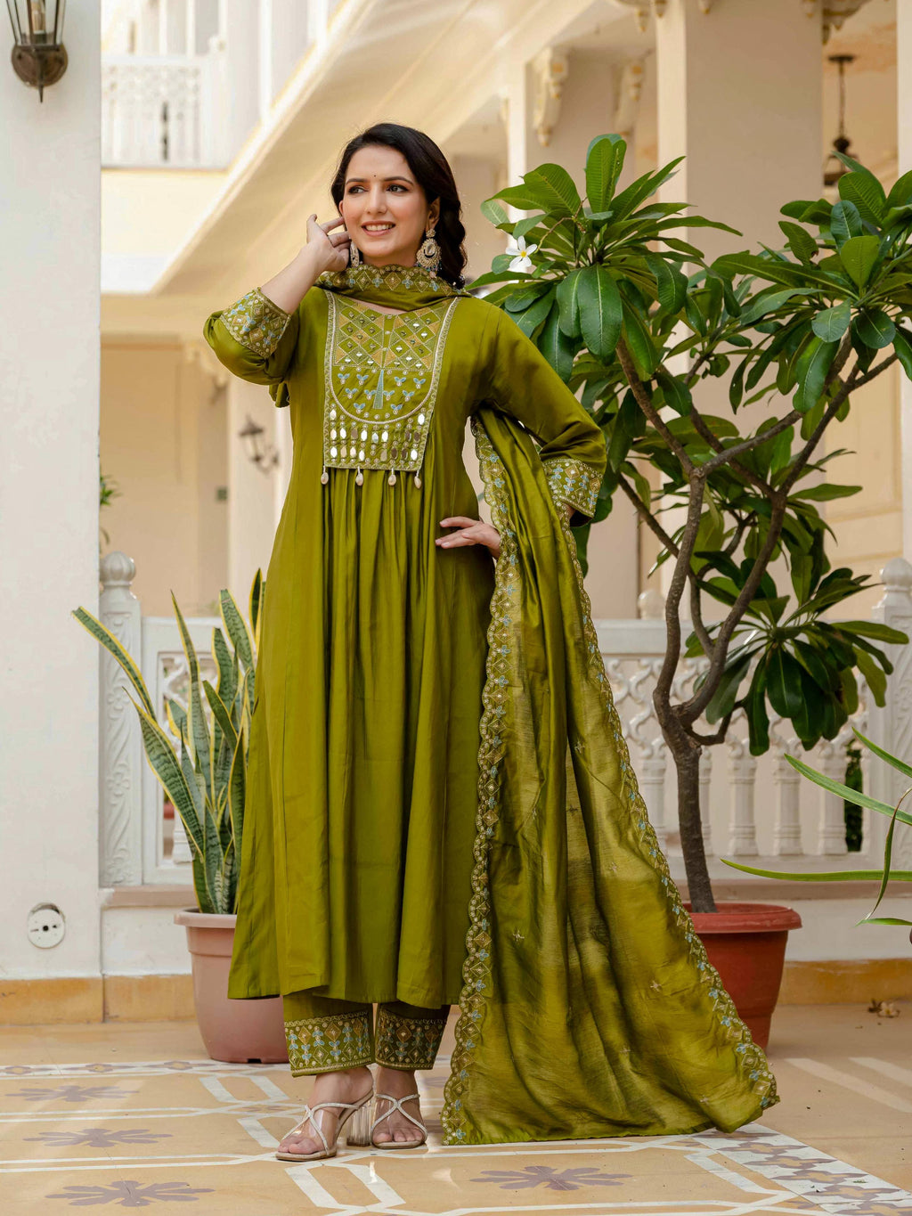 Sonakshi Women's Mehendi Viscose Roman Silk With Multi Thread Embroidered With Mirror Hand Work Anarkali Gown Set With Dupatta | Grocsy